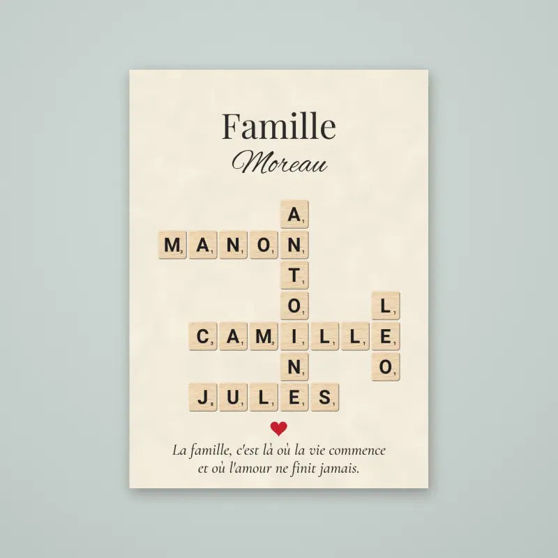 Affiche Scrabble prénoms famille sur fond papier crème