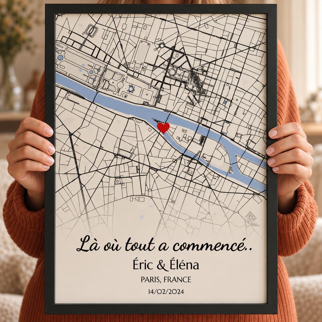 Affiche lieu de rencontre personnalisée encadrée : carte de Paris, cœur rouge, prénoms et date